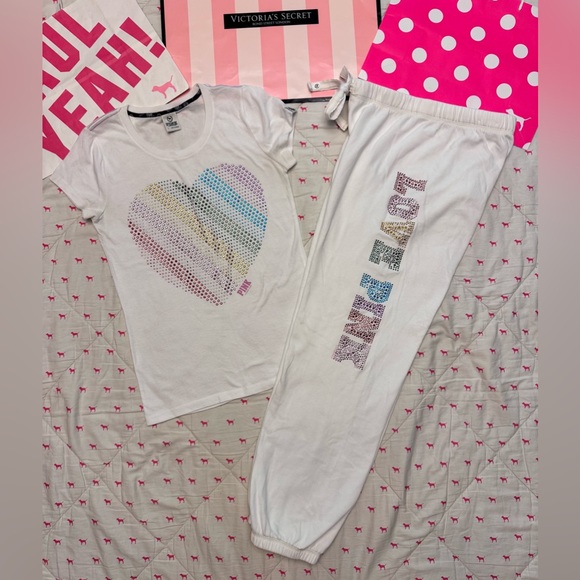 VS PINK VINTAGE Y2K SET SWEATPANTS & TEE RAINBOW HEART BLING RHINESTONES RARE LG - Picture 1 of 16